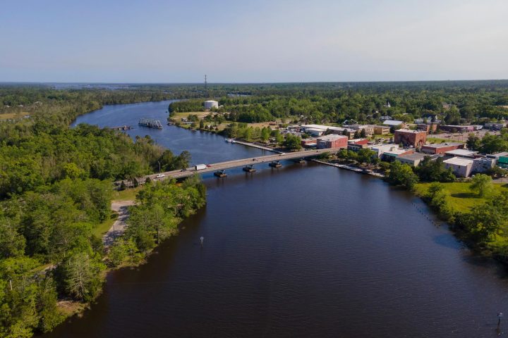 Aerial shot view of a highway bridge and swing bridge at Milton