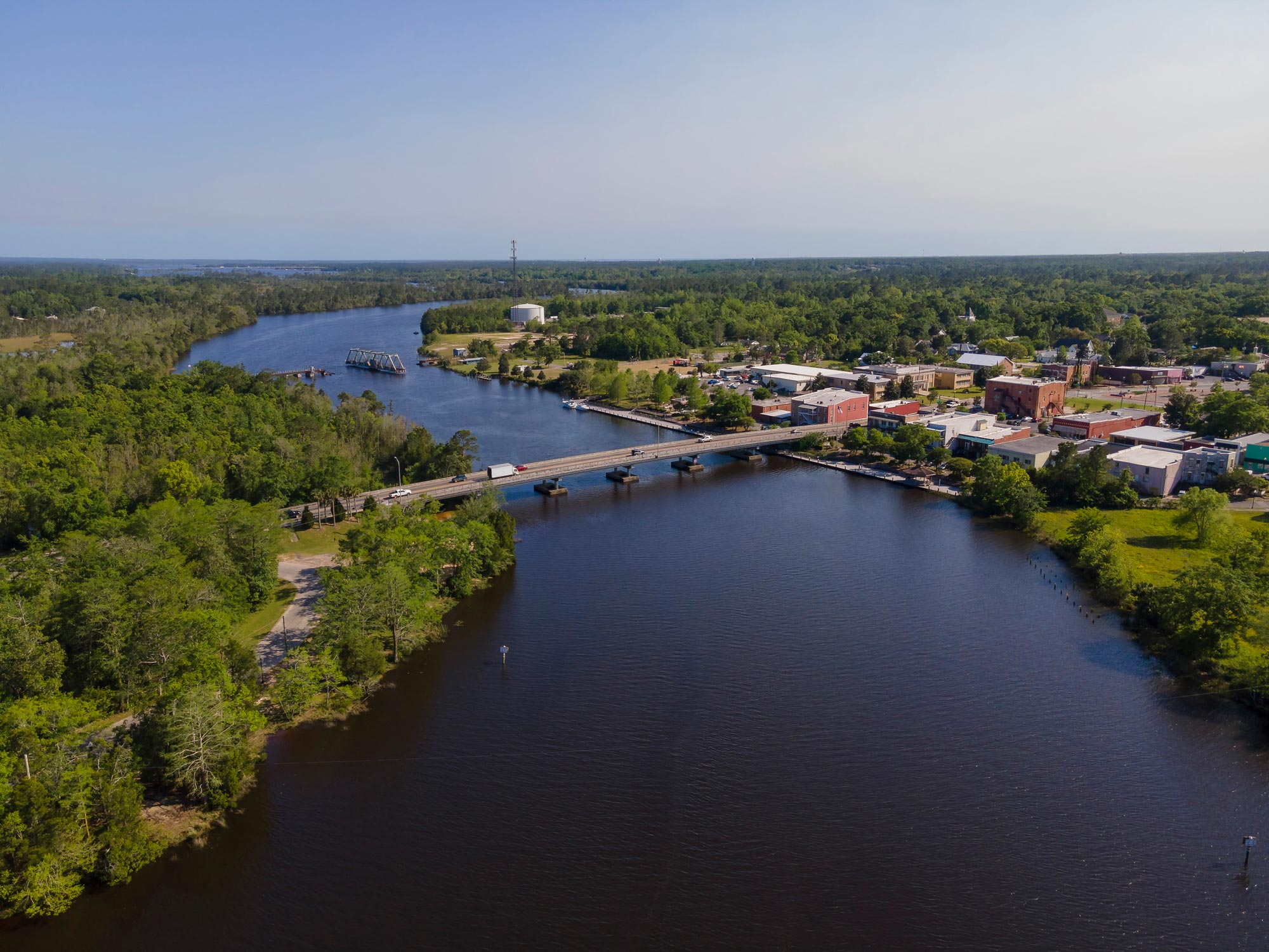 Aerial shot view of a highway bridge and swing bridge at Milton