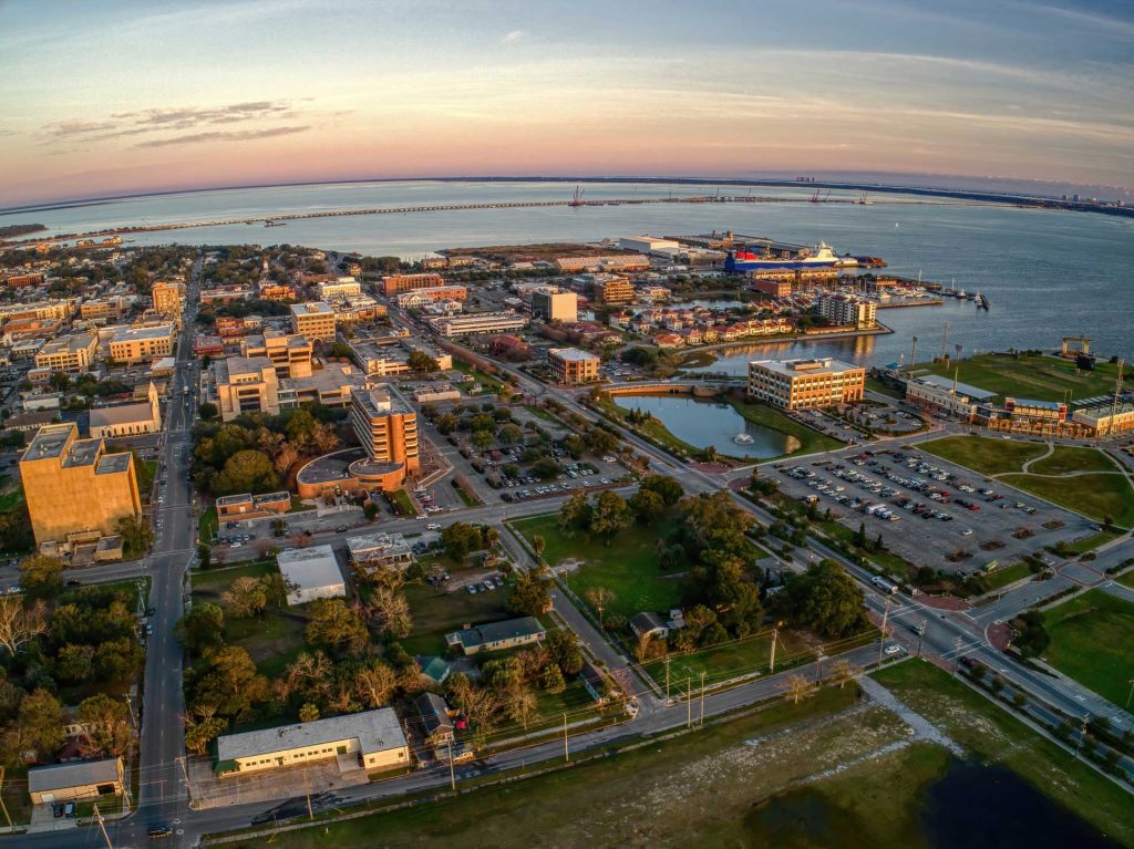 Aerial view of Pensacola in Florida during sunset