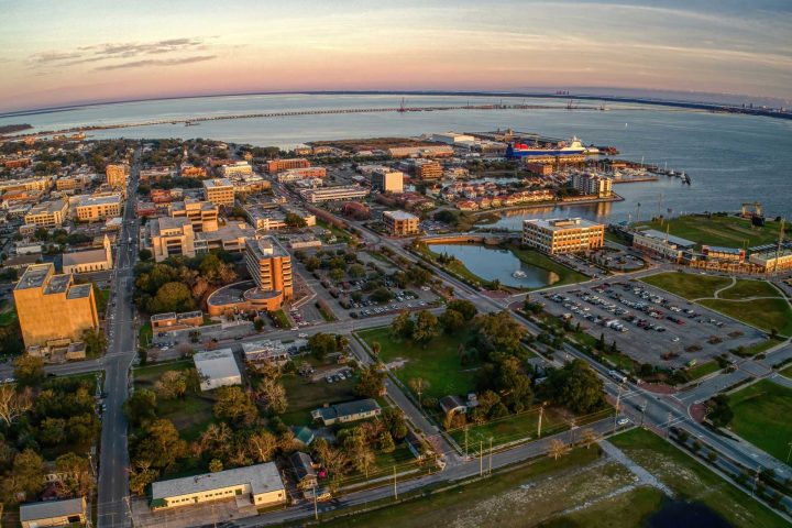 Aerial view of Pensacola in Florida during sunset