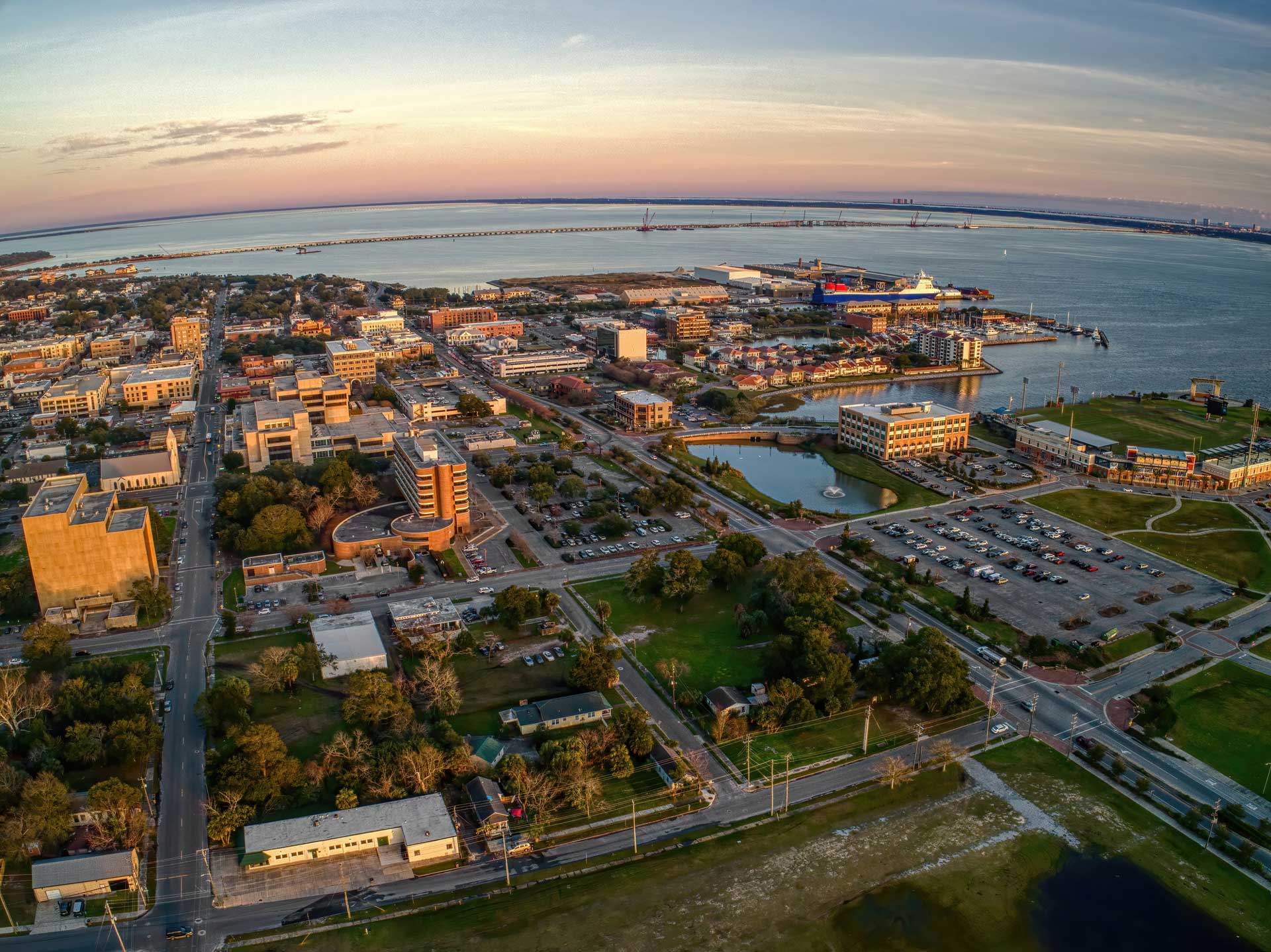 Aerial view of Pensacola in Florida during sunset